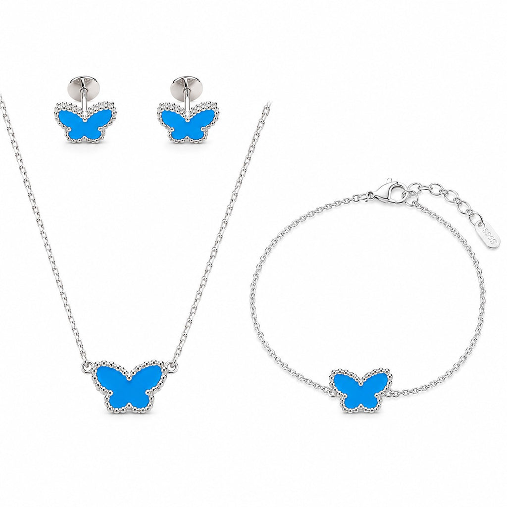 18K White Gold Plated, Turquoise Butterfly Jewelry Set, White Gold, Bracelet, Pendent Necklace, Earrings, Luxury Packing