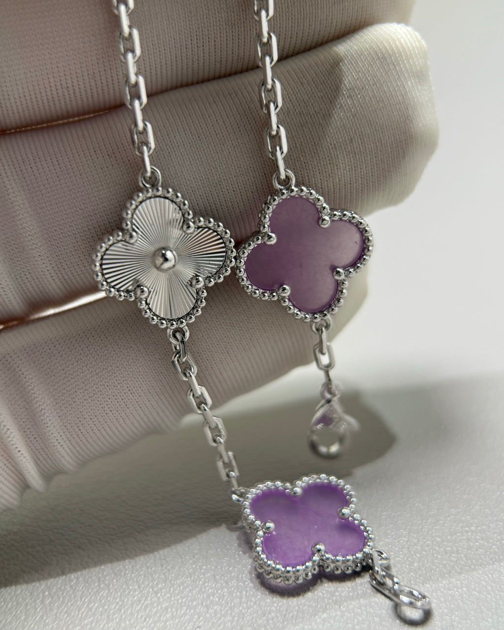[RARE SALE] 18K White Gold Plated, Alhambra Bracelet, Charoite, Yellow Gold 5 motifs 19 cm, with VCA Box Set