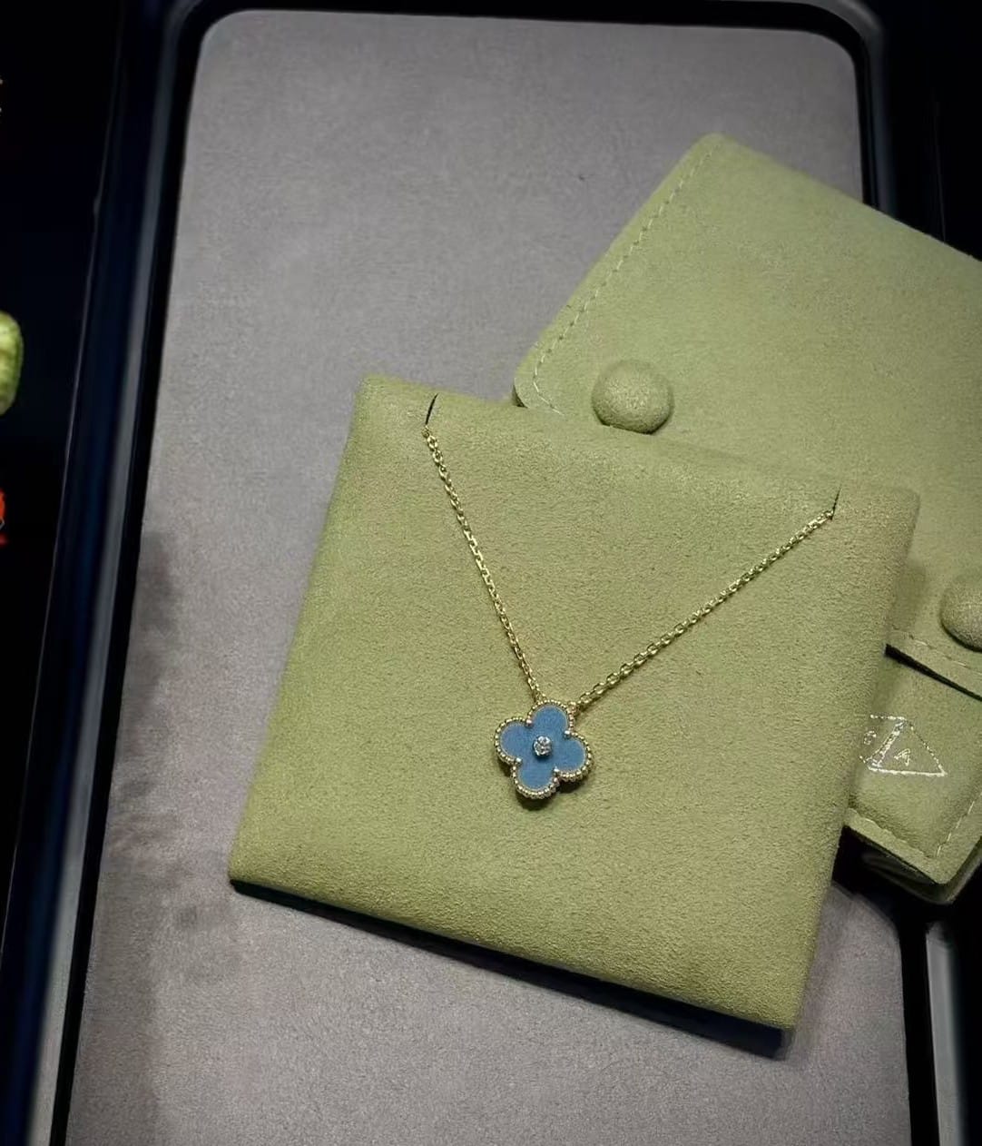 [2026 Chrismas Edition] 18K Gold Plated Alhambra Necklace, Yellow Gold with Blue Ceramic, with VCA Necklace box set