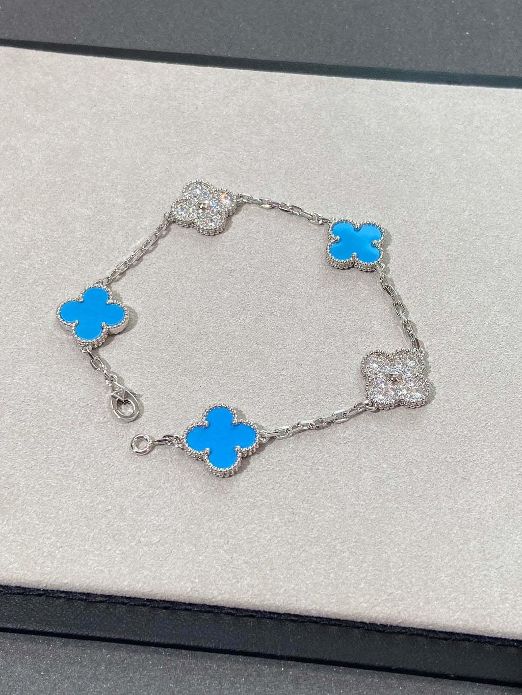 18K White Gold Plated Turquoise Alhambra Bracelet, White Gold 5 motifs 19 cm, VCA Packing
