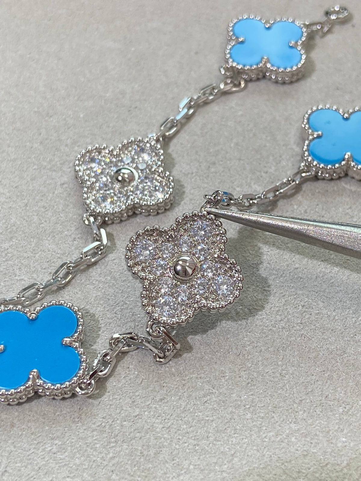 18K White Gold Plated Turquoise Alhambra Bracelet, White Gold 5 motifs 19 cm, VCA Packing