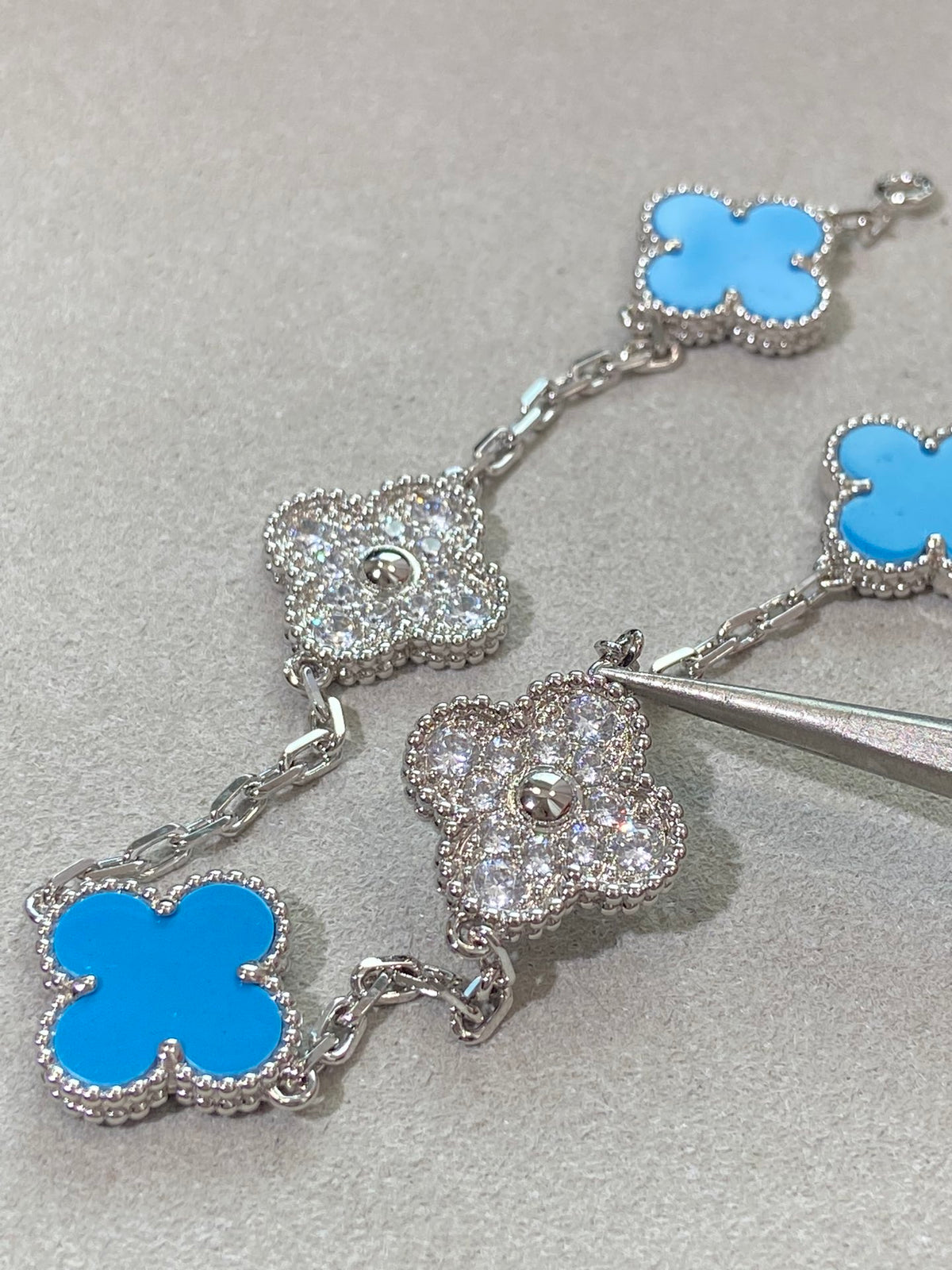 18K White Gold Plated Turquoise Alhambra Bracelet, White Gold 5 motifs 19 cm, VCA Packing