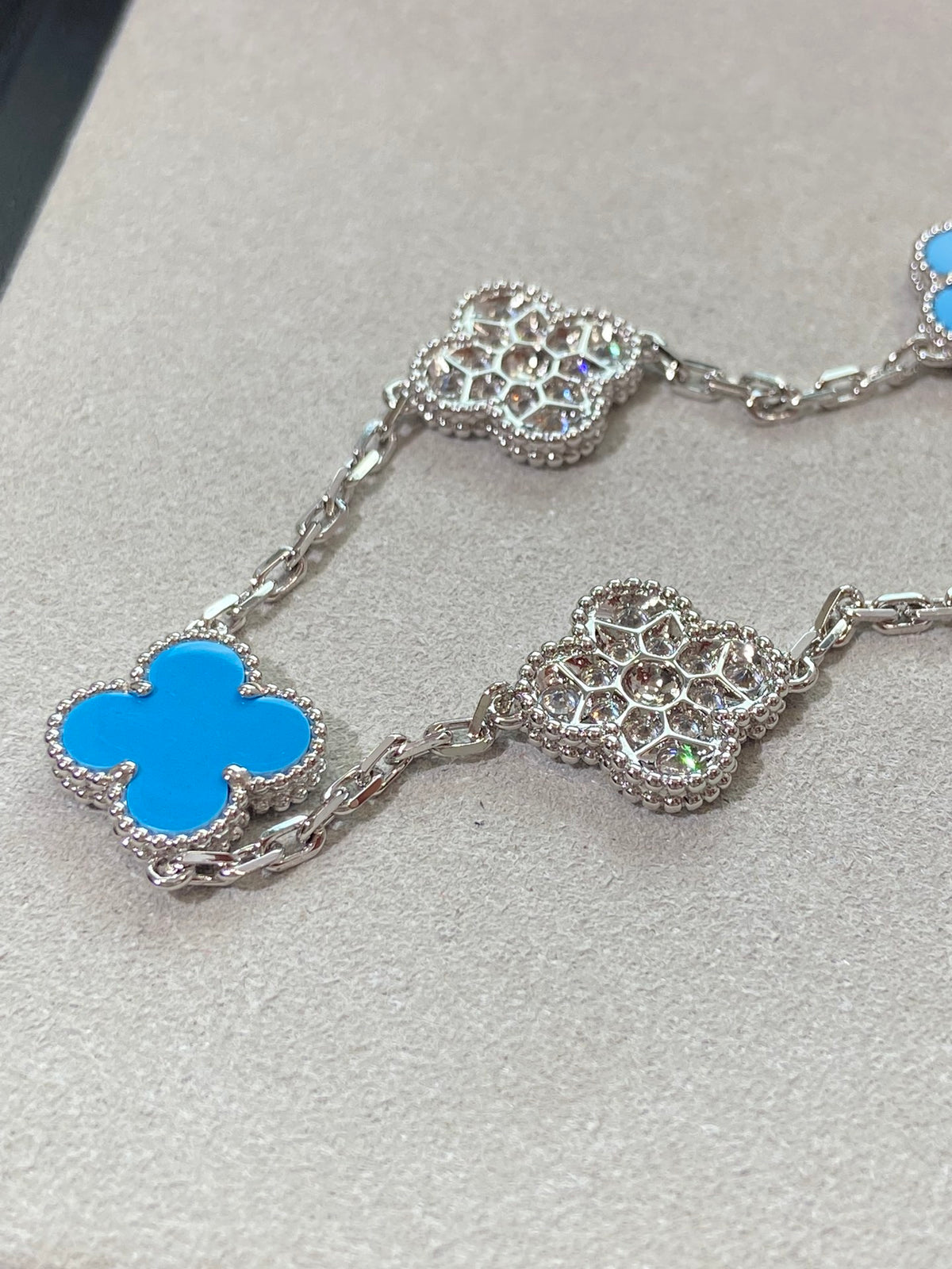 18K White Gold Plated Turquoise Alhambra Bracelet, White Gold 5 motifs 19 cm, VCA Packing