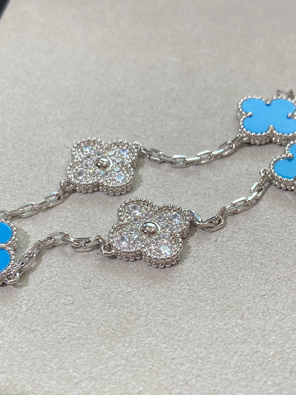 18K White Gold Plated Turquoise Alhambra Bracelet, White Gold 5 motifs 19 cm, VCA Packing