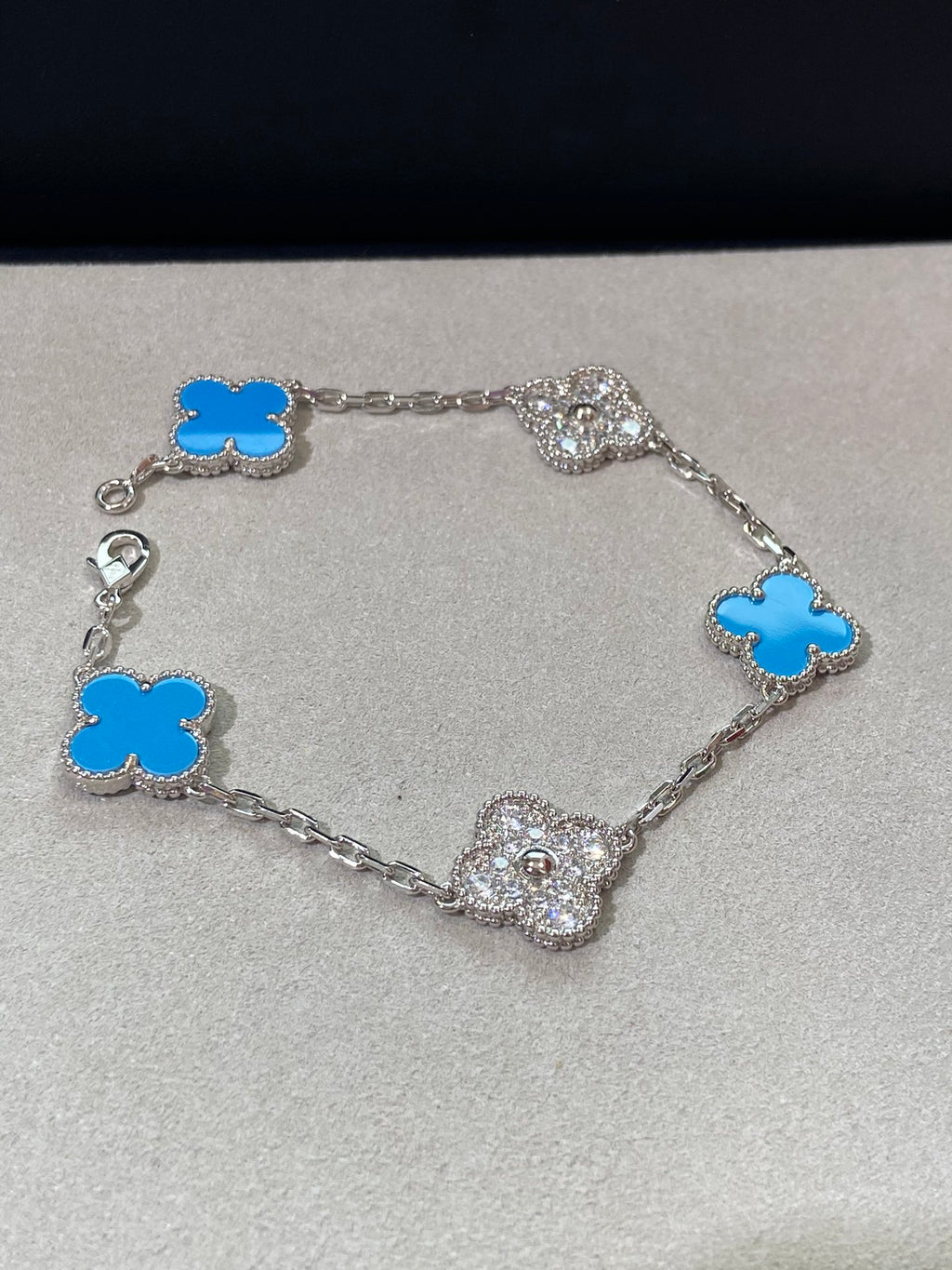 18K White Gold Plated Turquoise Alhambra Bracelet, White Gold 5 motifs 19 cm, VCA Packing