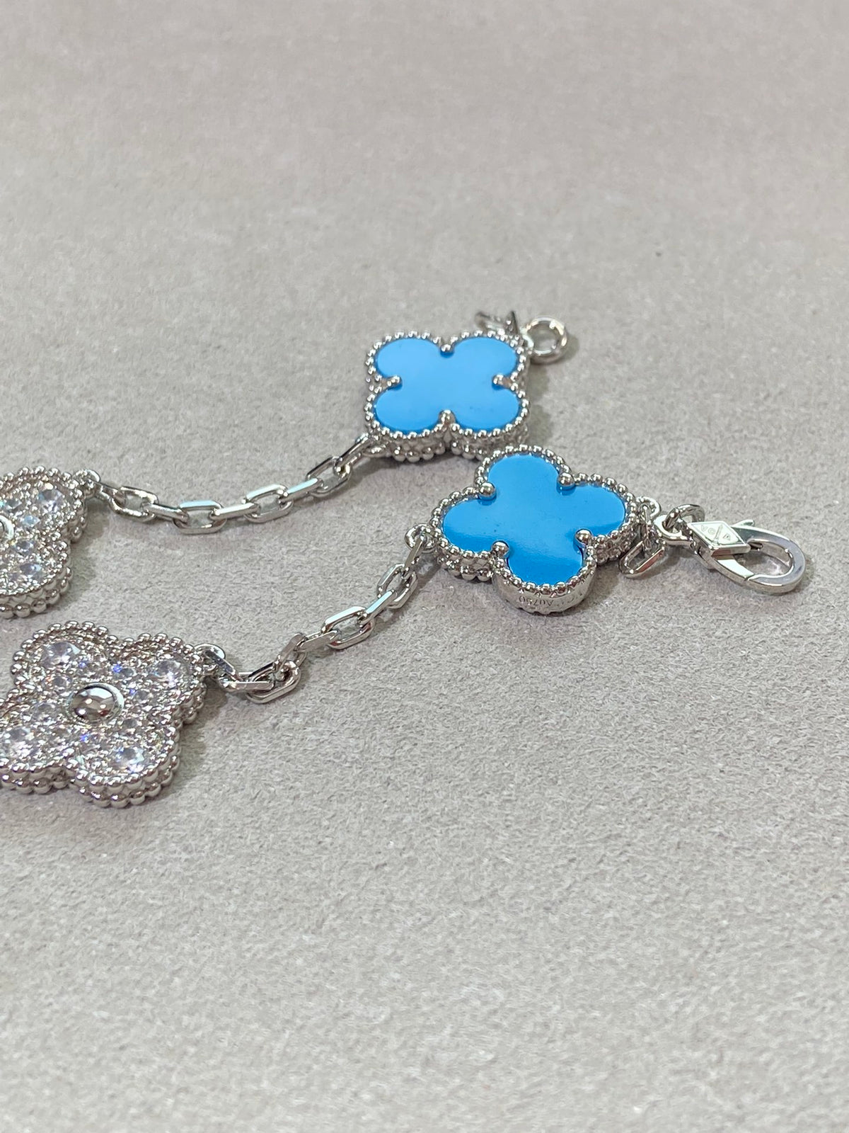 18K White Gold Plated Turquoise Alhambra Bracelet, White Gold 5 motifs 19 cm, VCA Packing