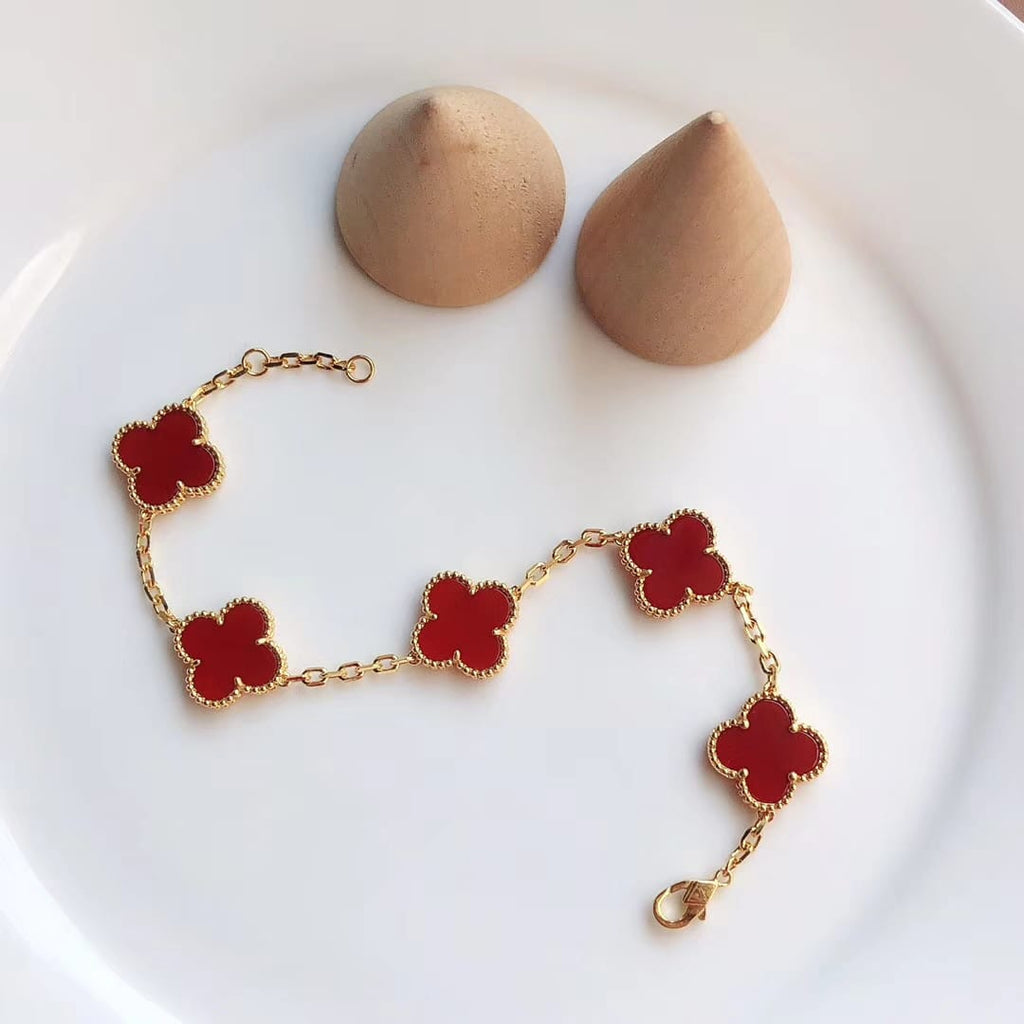 [RARE SALE] 18K Gold Plated Carnelian Alhambra Bracelet, Yellow Gold 5 motifs 19 cm, with VCA Box Set