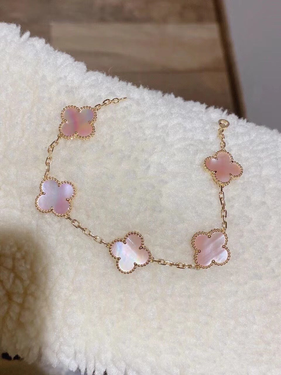 Pink Mother of Pearl Clover Bracelet, Gold Plated