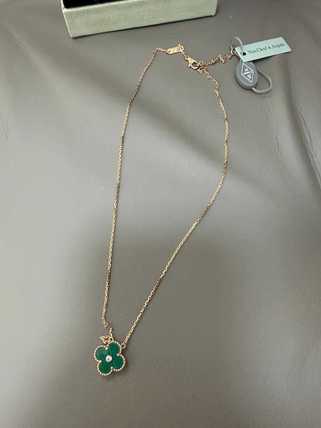 18K Gold Plated Alhambra Necklace, Yellow Gold with Malachite, with VCA Necklace box set