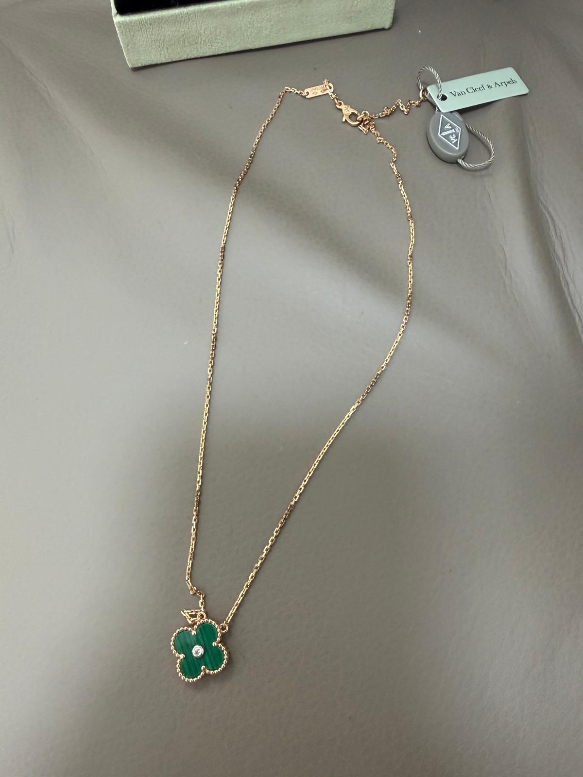 18K Gold Plated Alhambra Necklace, Yellow Gold with Malachite, with VCA Necklace box set