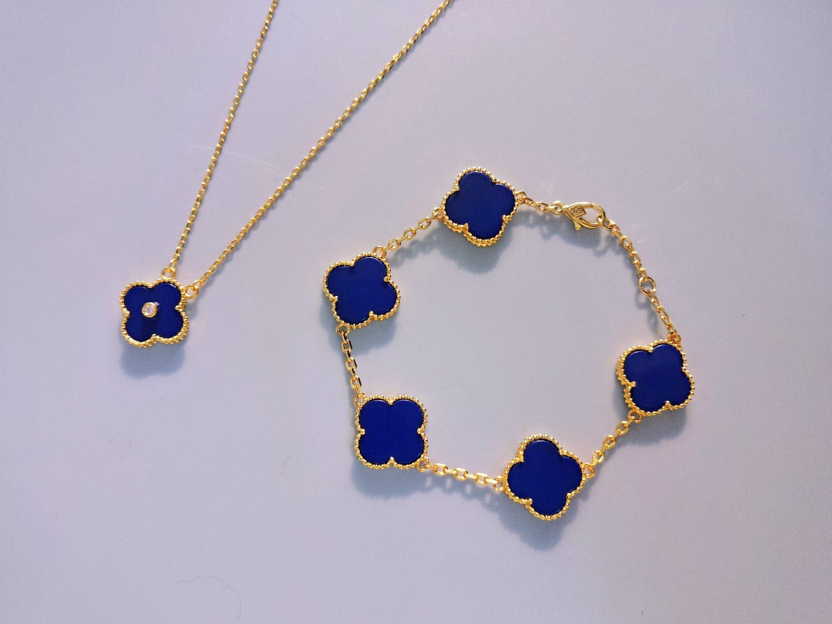 18K Gold Plated, Blue Chalcedony Clovers Jewelry Set, Yellow Gold, Bracelet, Pendent Necklace
