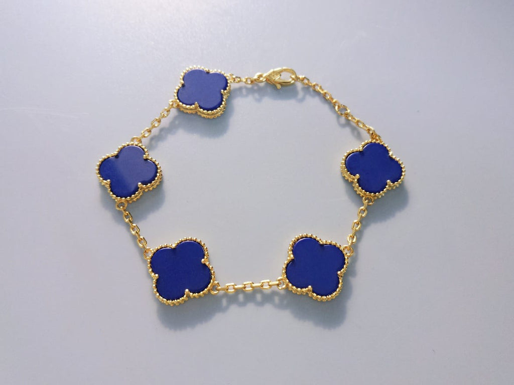 18K Gold Plated, Blue Chalcedony Clovers Jewelry Set, Yellow Gold, Bracelet, Pendent Necklace