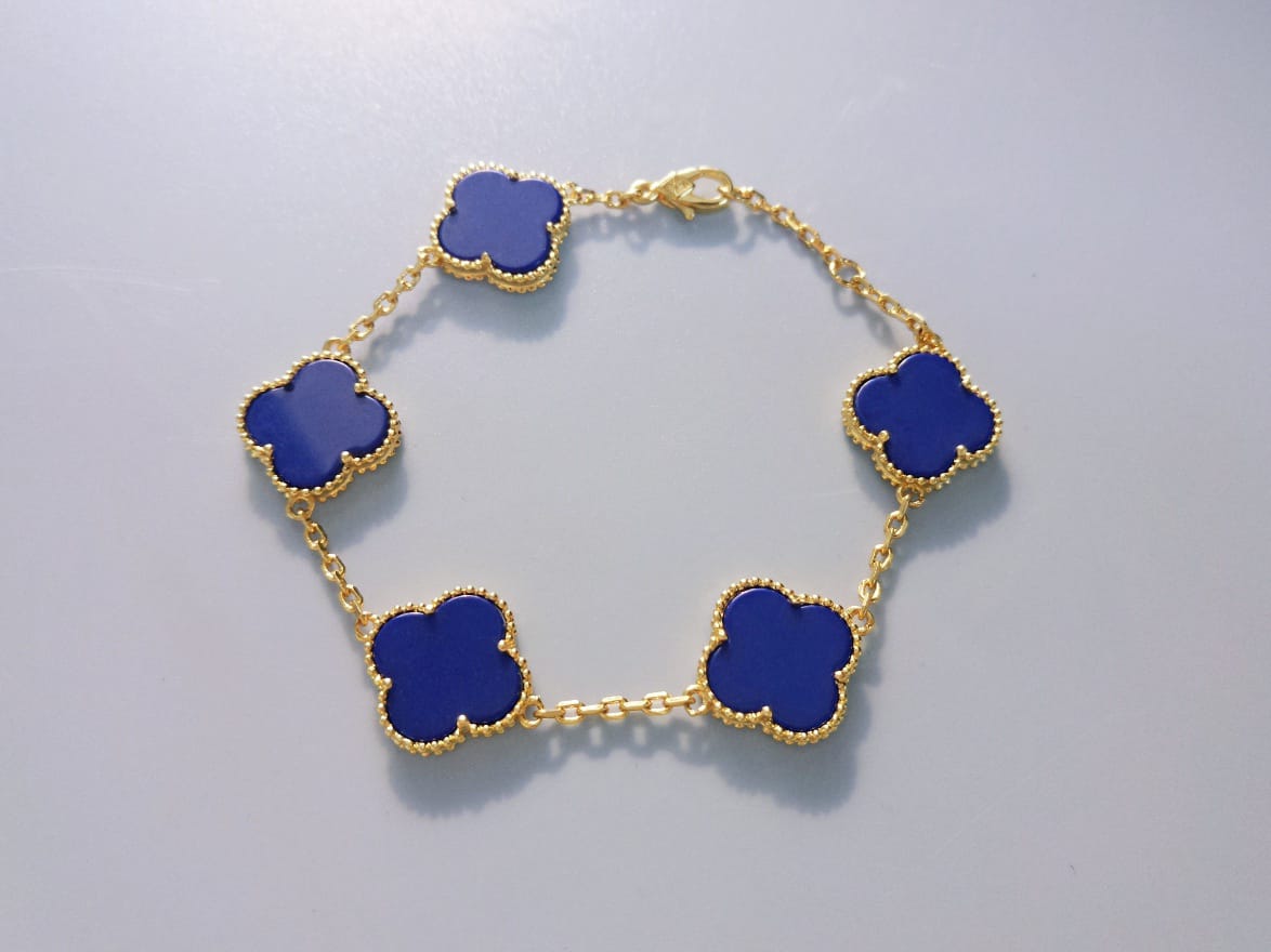 18K Gold Plated, Blue Chalcedony Clovers Jewelry Set, Yellow Gold, Bracelet, Pendent Necklace