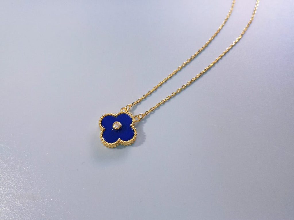 18K Gold Plated, Blue Chalcedony Clovers Jewelry Set, Yellow Gold, Bracelet, Pendent Necklace