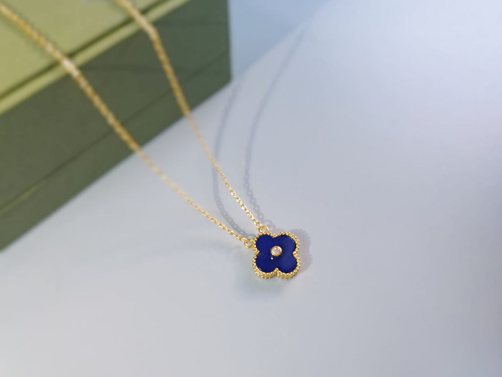 18K Gold Plated, Blue Chalcedony Clovers Jewelry Set, Yellow Gold, Bracelet, Pendent Necklace