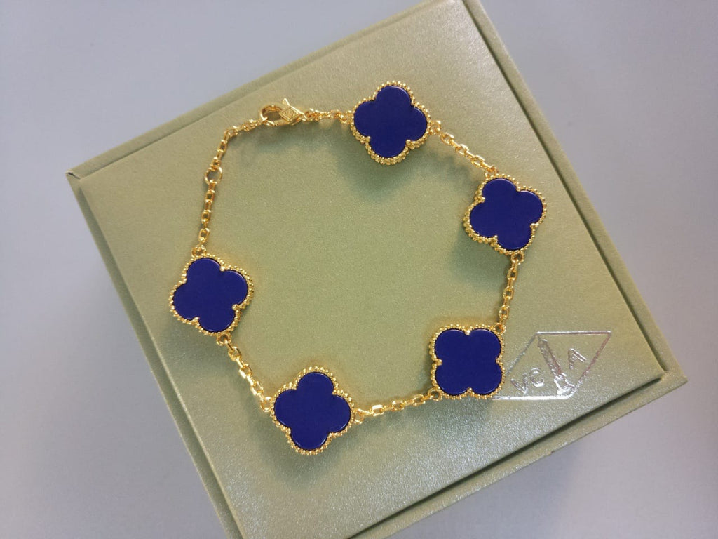 18K Gold Plated, Blue Chalcedony Clovers Jewelry Set, Yellow Gold, Bracelet, Pendent Necklace