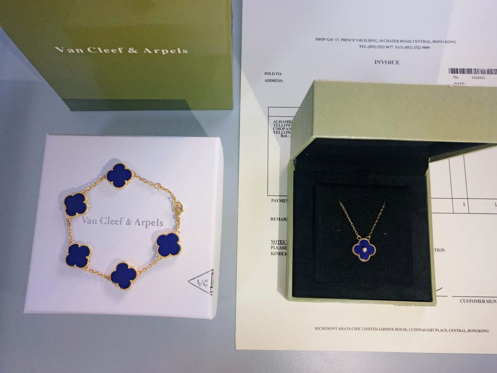 18K Gold Plated, Blue Chalcedony Clovers Jewelry Set, Yellow Gold, Bracelet, Pendent Necklace