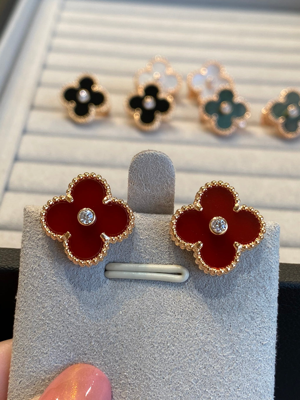 Vintage Clovers Studs, Yellow Gold with Diamonds, 15mm, 18K Gold Plated, VCA Packaging