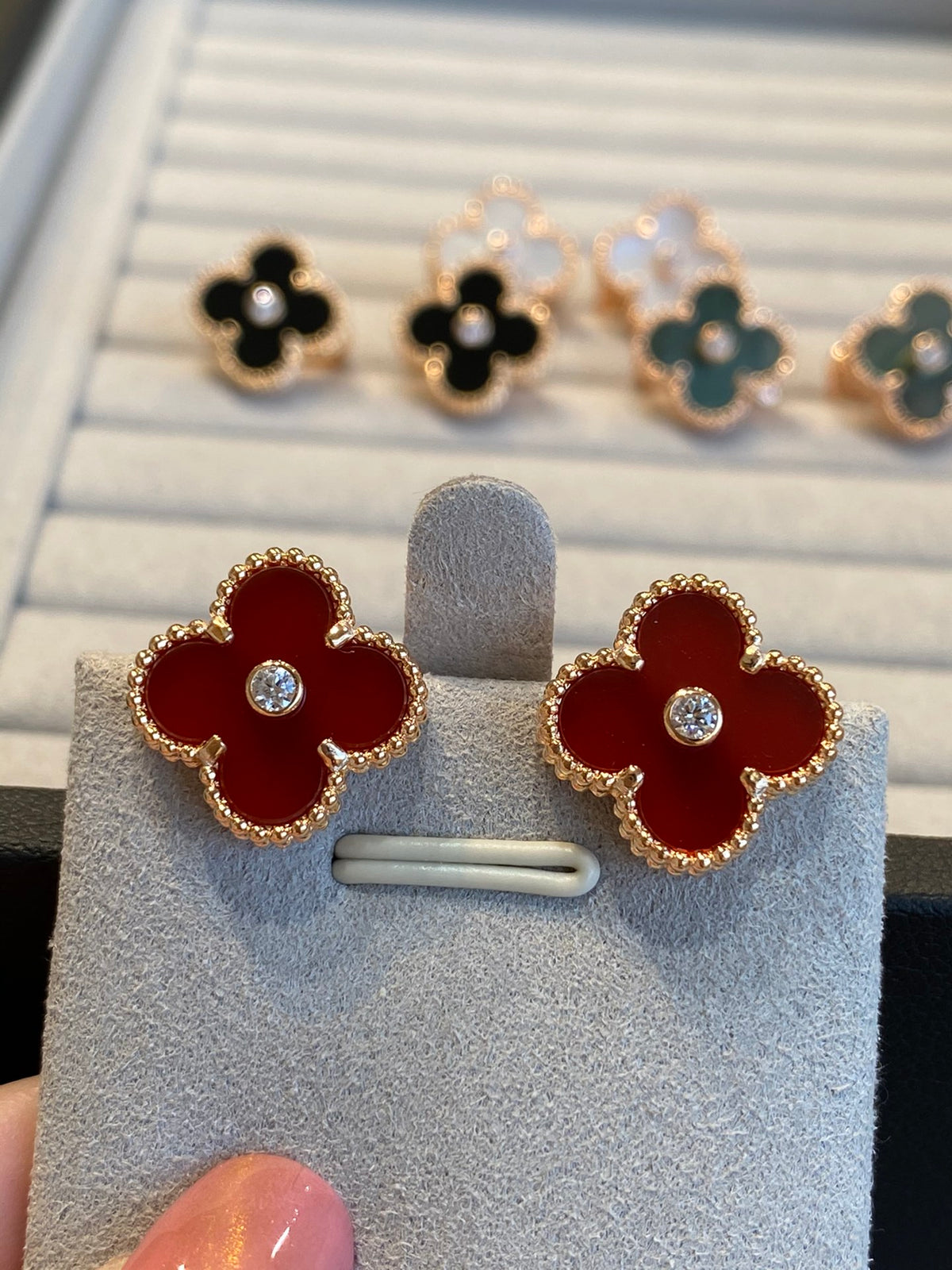 Vintage Clovers Studs, Yellow Gold with Diamonds, 15mm, 18K Gold Plated, VCA Packaging