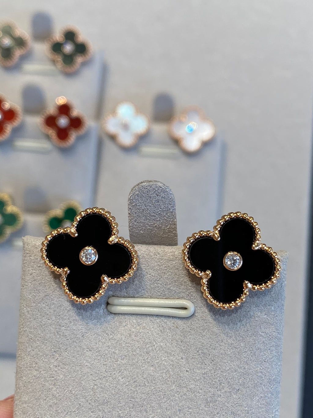 Vintage Clovers Studs, Yellow Gold with Diamonds, 15mm, 18K Gold Plated, VCA Packaging