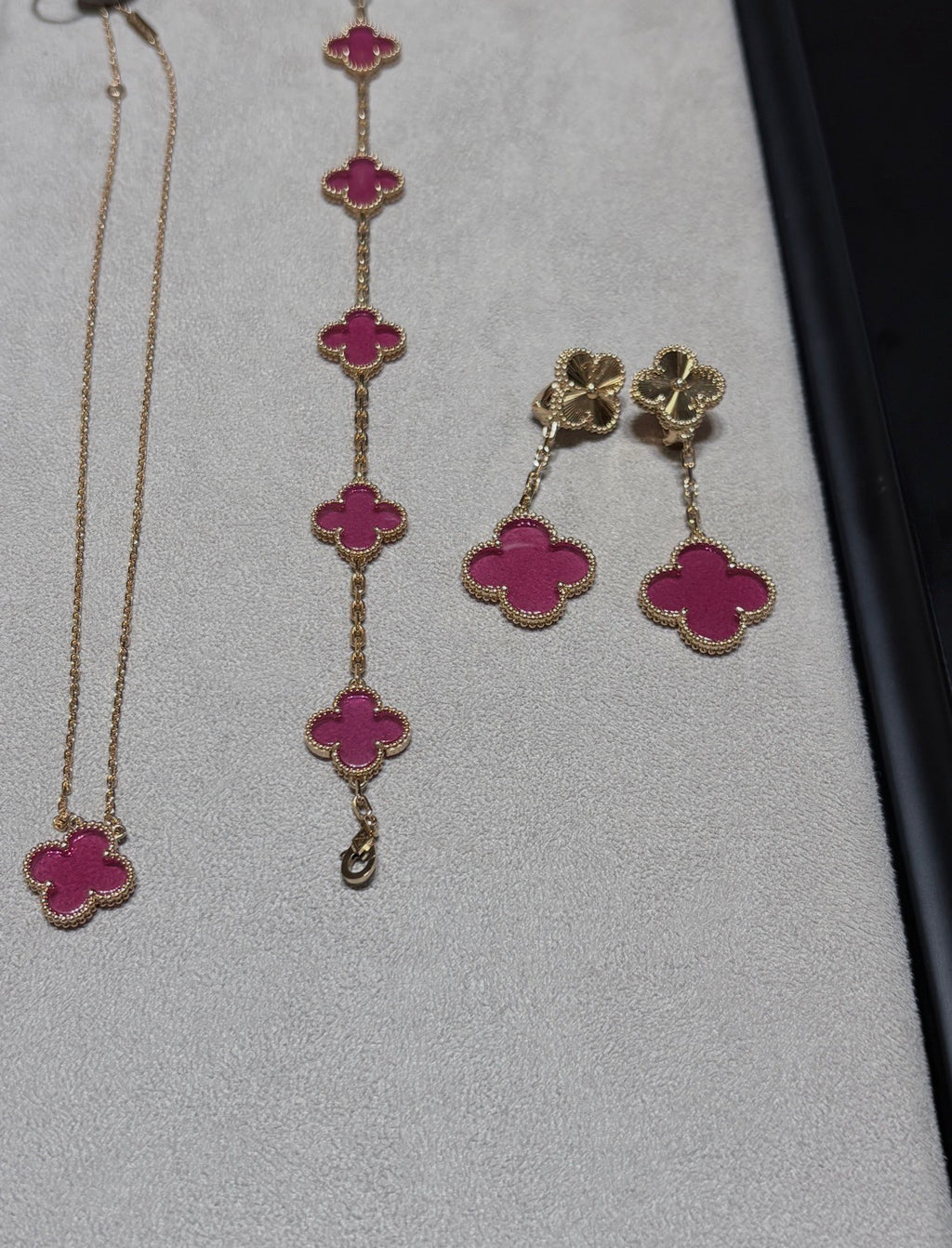 [2026 Edition] 18K Gold Plated, Pink Enamel Jewelry Set, Yellow Gold, Bracelet, Pendent Necklace, Earrings, Luxury Packing