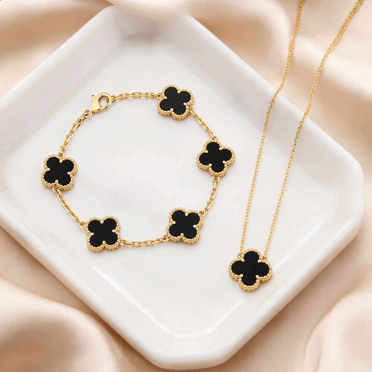 18K Gold Plated, Black Agate Clovers Jewelry Set, Yellow Gold, Bracelet, Pendent Necklace