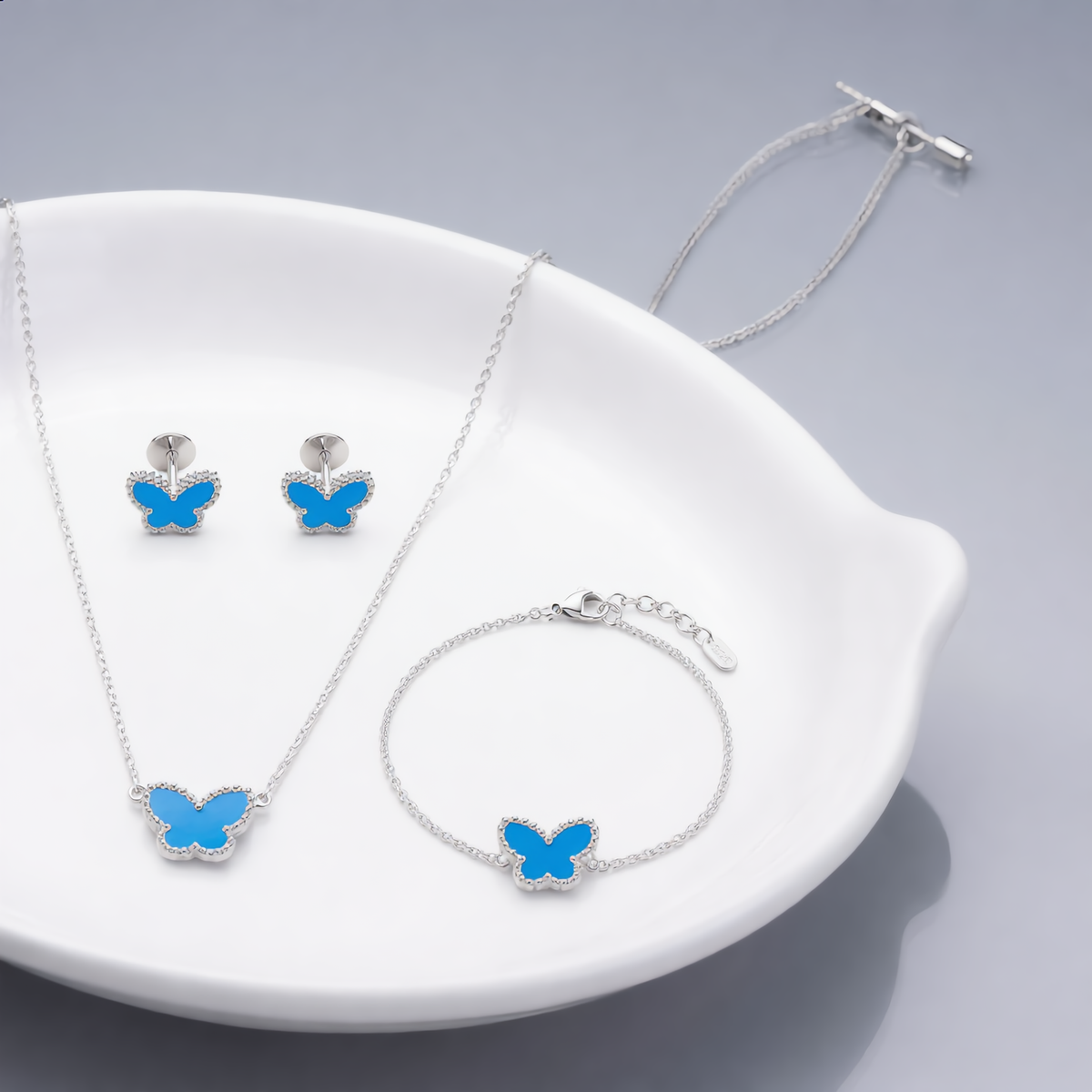 18K White Gold Plated, Turquoise Butterfly Jewelry Set, White Gold, Bracelet, Pendent Necklace, Earrings, Luxury Packing