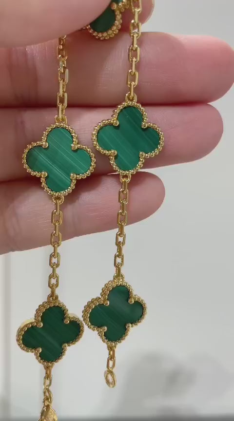 [RARE SALE] 18K Gold Plated, Malachite Clovers Bracelet, 19 cm 5 motifs, Yellow Gold, VCA Packaging