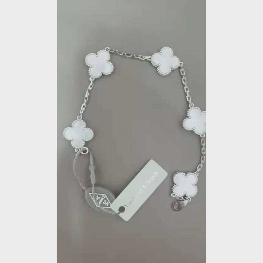 [RARE SALE] 18K White Gold Plated, Mother of Peral Clovers Bracelet, 19 cm 5 motifs, White Gold, VCA Packaging