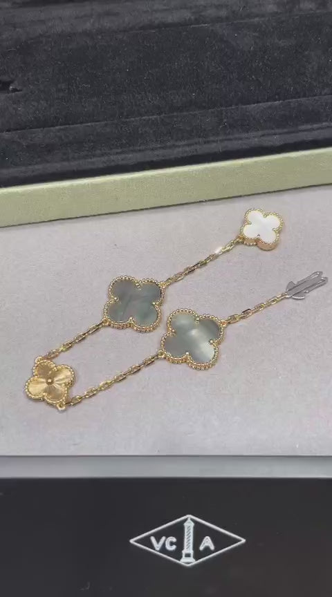 Gray Mother of Pearl Clover Bracelet, Yellow Gold