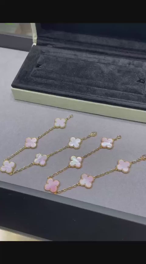 Pink Mother of Pearl Clover Bracelet, Gold Plated