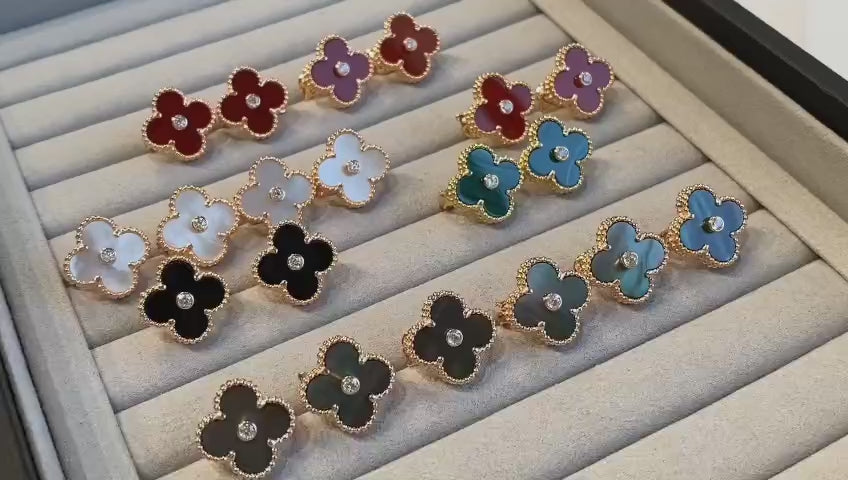 Vintage Clovers Studs, Yellow Gold with Diamonds, 15mm, 18K Gold Plated, VCA Packaging