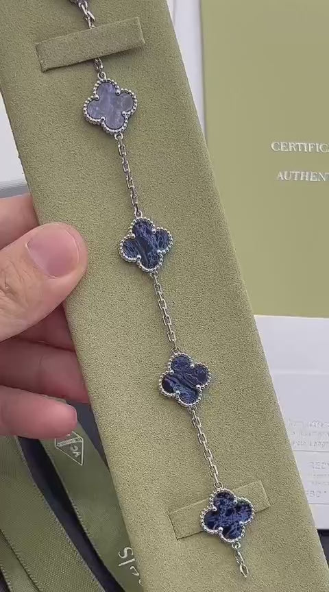 [RARE SALE] 18K White Gold Plated, Pietersite Clovers Bracelet, 19 cm 5 motifs, White Gold, VCA Packaging