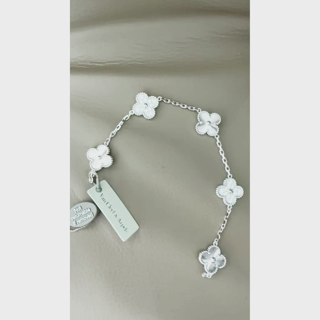 [RARE SALE] 18K White Gold Plated, High Carbon Diamonds Clovers Bracelet, 19 cm 5 motifs, White Gold, VCA Packaging