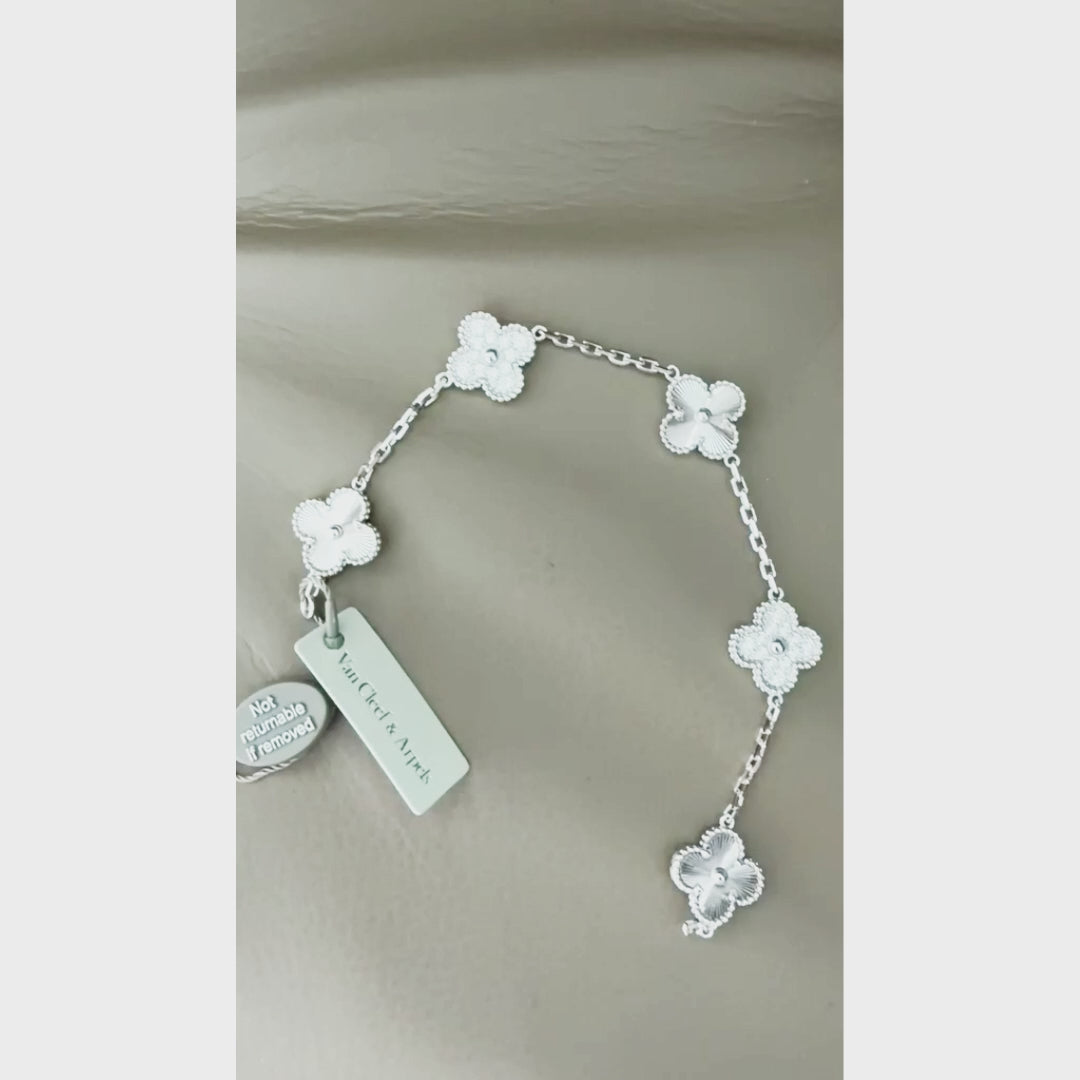 [RARE SALE] 18K White Gold Plated, High Carbon Diamonds Clovers Bracelet, 19 cm 5 motifs, White Gold, VCA Packaging