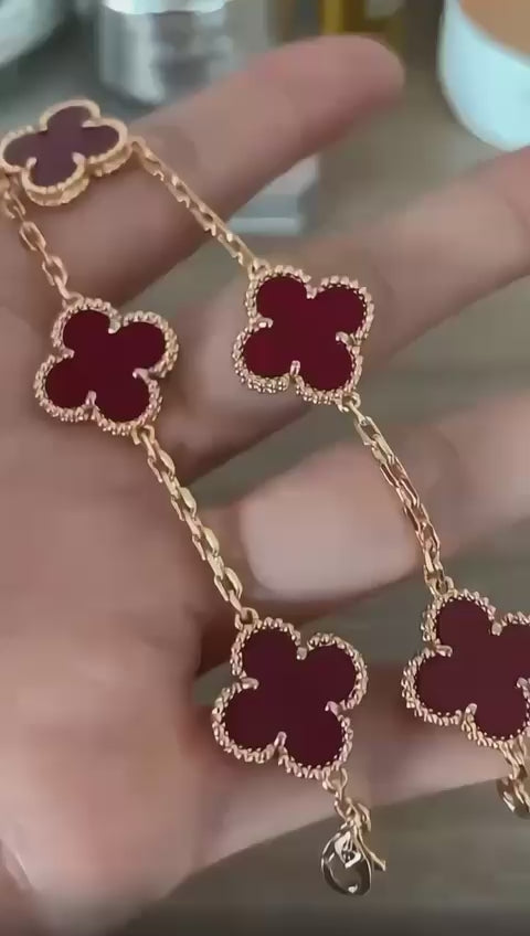 [RARE SALE] 18K Gold Plated Carnelian Alhambra Bracelet, Yellow Gold 5 motifs 19 cm, with VCA Box Set