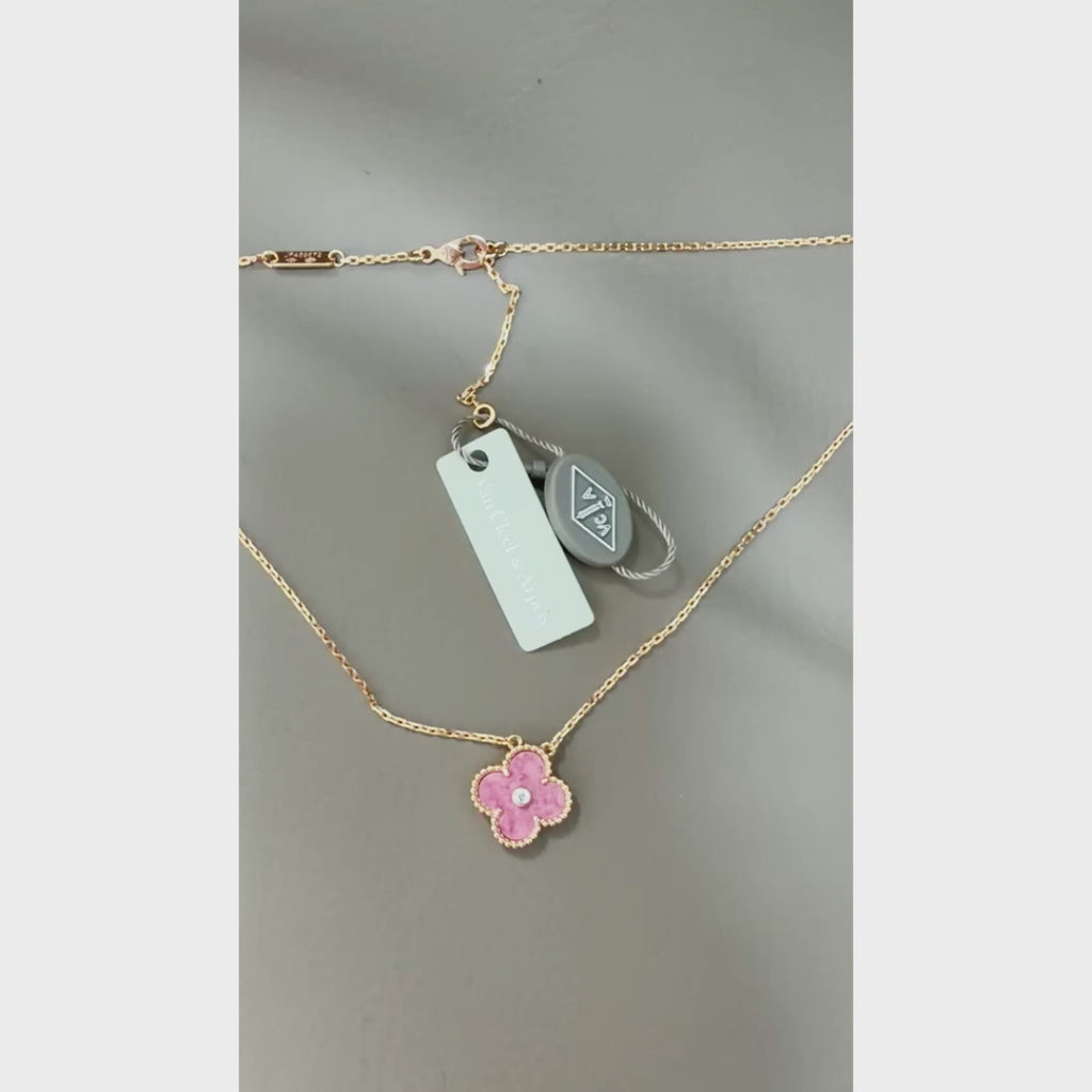 18K Gold Plated Alhambra Necklace, Yellow Gold with Pink Ceramic, with VCA Necklace box set