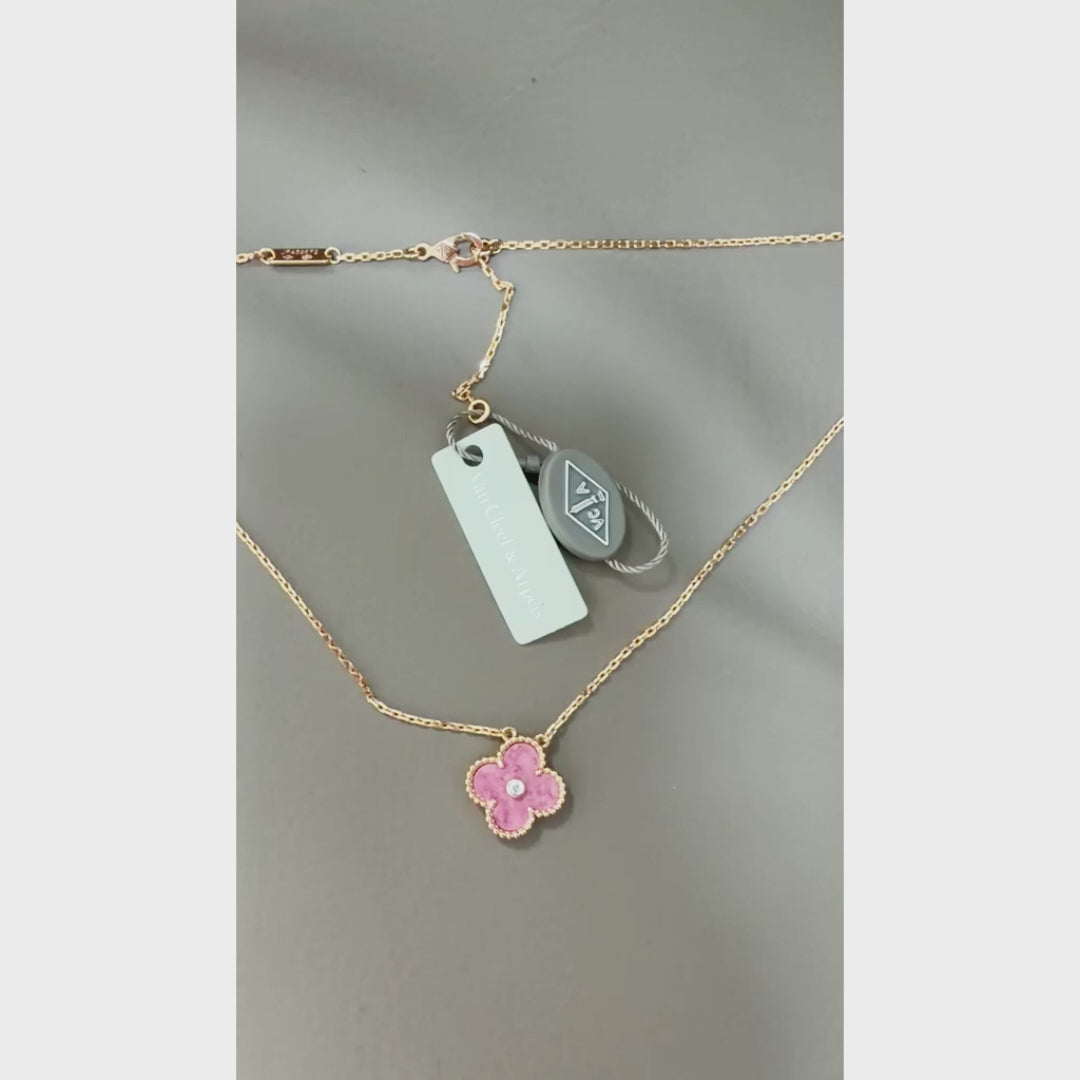 18K Gold Plated Alhambra Necklace, Yellow Gold with Pink Ceramic, with VCA Necklace box set
