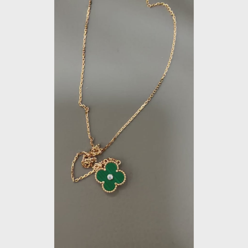 18K Gold Plated Alhambra Necklace, Yellow Gold with Malachite, with VCA Necklace box set