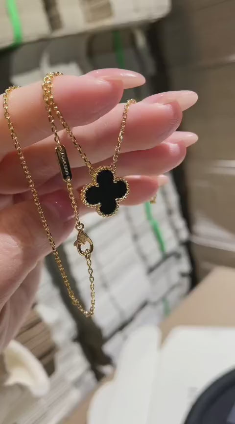 18K Gold Plated, Black Agate Clovers Jewelry Set, Yellow Gold, Bracelet, Pendent Necklace