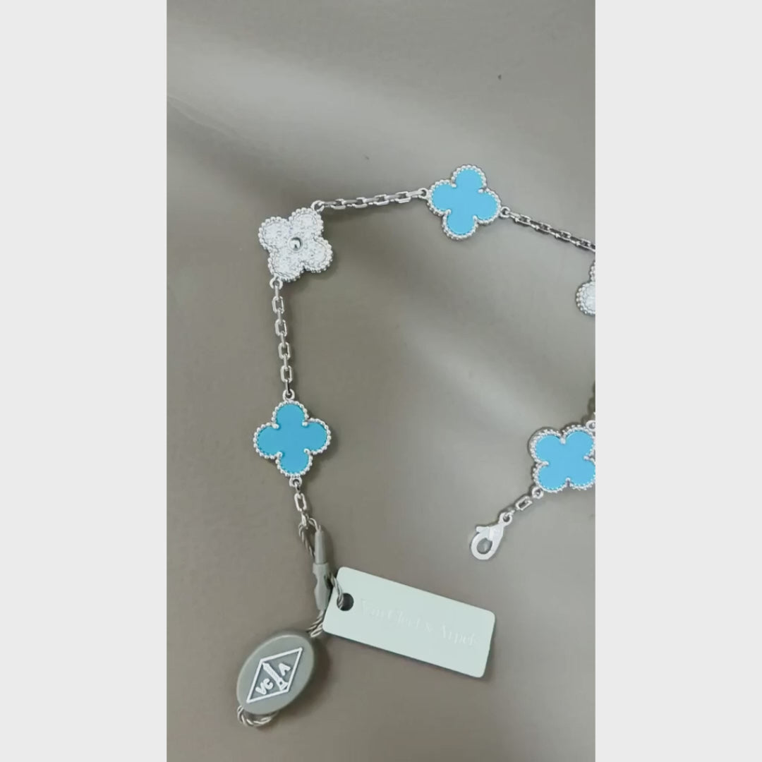 18K White Gold Plated Turquoise Alhambra Bracelet, White Gold 5 motifs 19 cm, VCA Packing