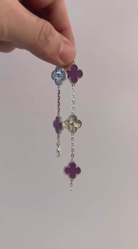 [RARE SALE] 18K White Gold Plated, Alhambra Bracelet, Charoite, Yellow Gold 5 motifs 19 cm, with VCA Box Set